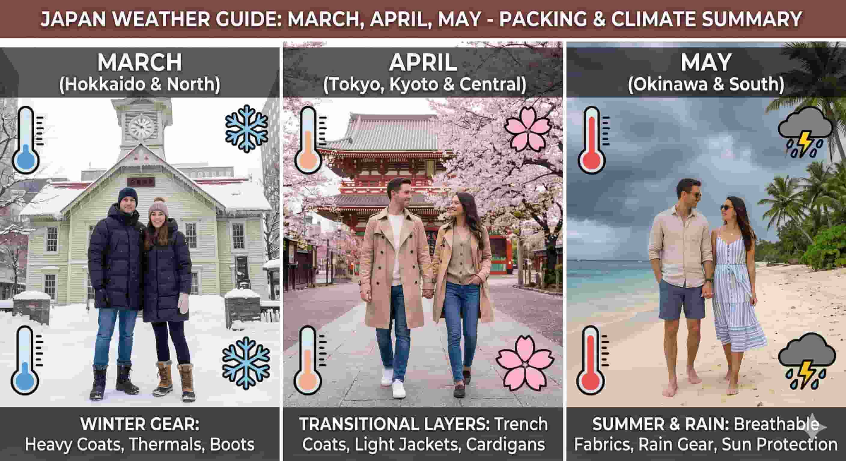 Infographic guide titled "Japan Weather Guide: March, April, May - Packing & Climate Summary." It features three panels comparing regional climates: March shows a couple in winter gear in snowy Hokkaido; April shows a couple in trench coats under cherry blossoms in Tokyo/Kyoto; May shows a couple in summer clothes on a beach in Okinawa with approaching rain clouds. Thermometer and weather icons indicate temperature fluctuations.