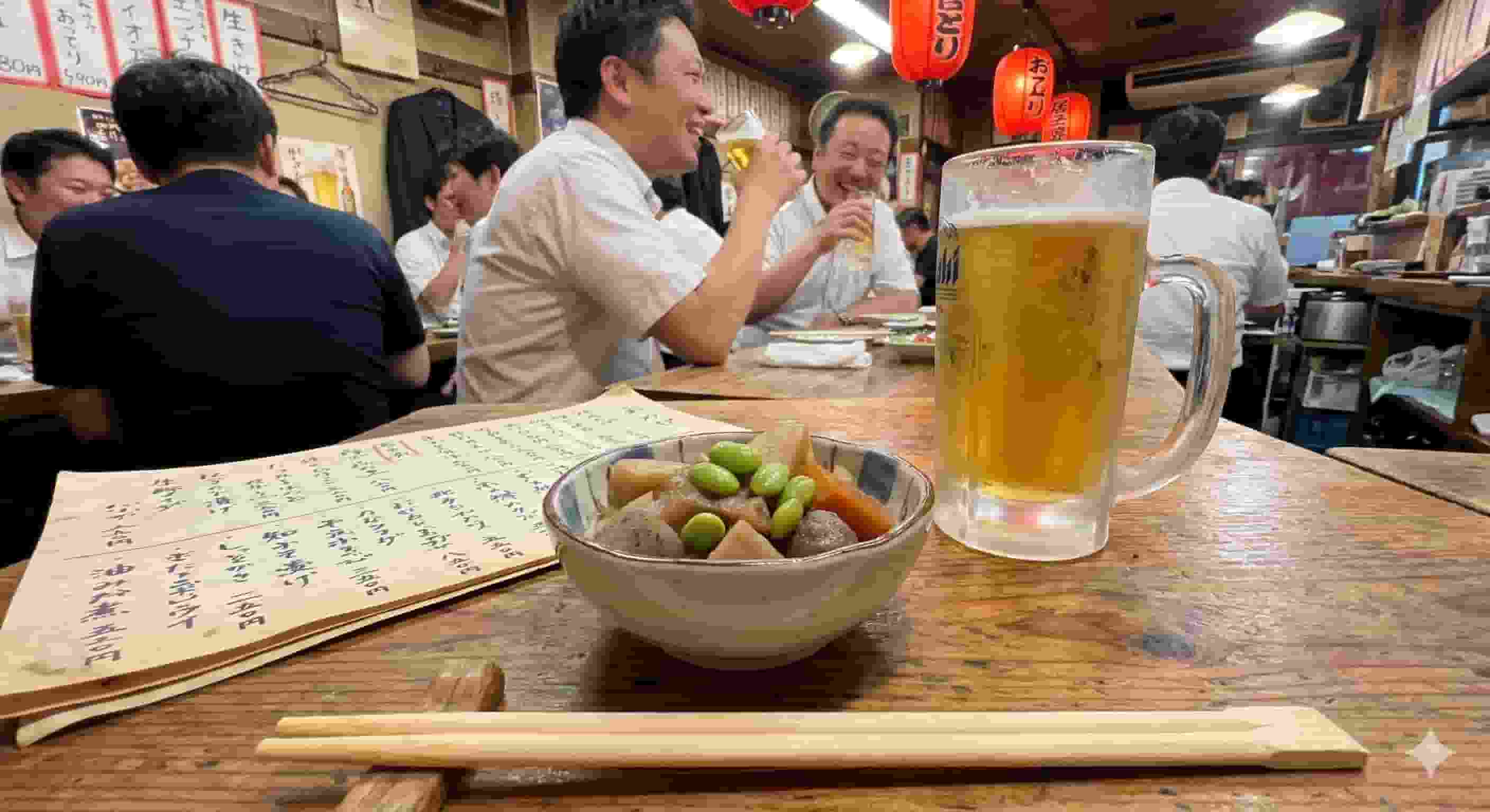 A small bowl of Japanese otoshi appetizer, featuring stewed root vegetables and green edamame, sits on a wooden counter next to a large mug of draft beer in a bustling izakaya with red paper lanterns and patrons in the background.