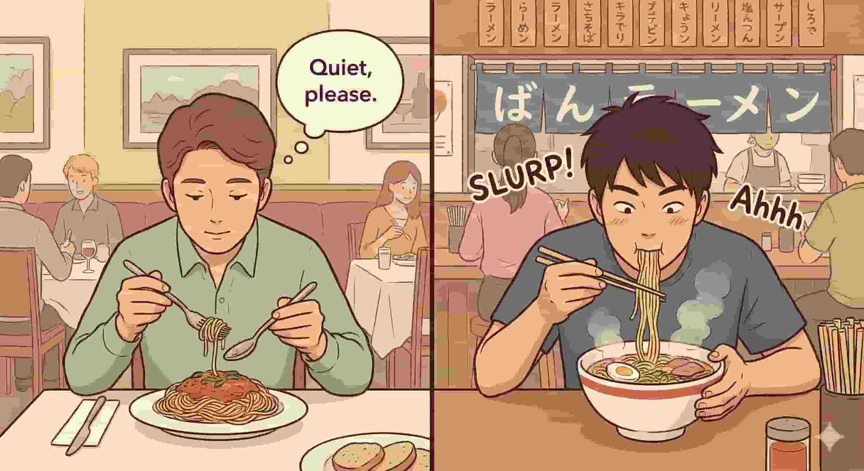 Split-panel illustration showing cultural differences in dining etiquette: on the left, a man eats spaghetti silently with a fork and spoon in a Western restaurant, thinking "Quiet, please."; on the right, a man loudly slurps steaming ramen with chopsticks in a Japanese noodle shop, surrounded by "SLURP!" and "Ahhh" sound effects.