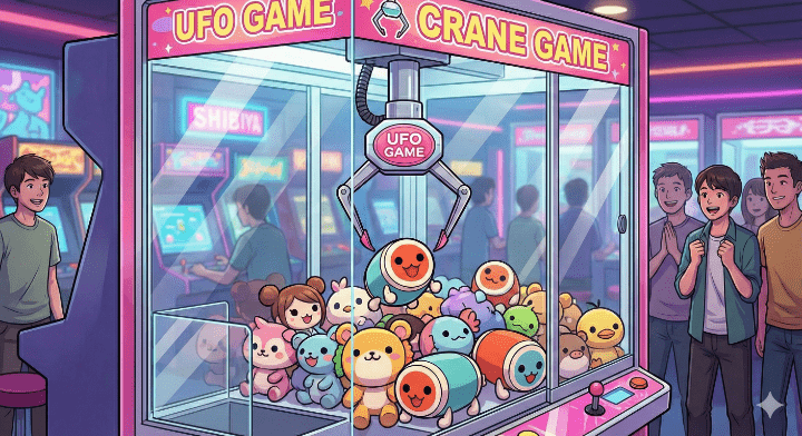 A colorful Japanese crane game machine filled with cute plushies and anime character prizes in a modern arcade.