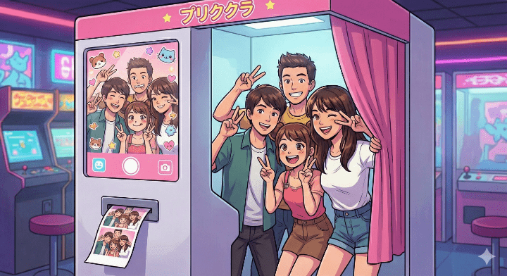 A group of happy friends posing for a stylized photo inside a high-tech Japanese Purikura booth in Shibuya.
