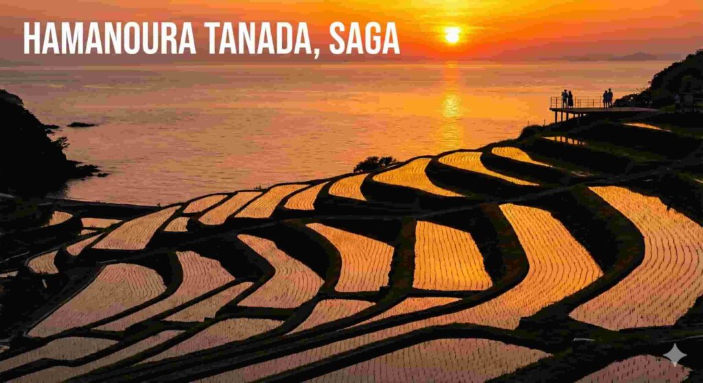 Hamanoura Tanada rice terraces in Saga Prefecture glowing brilliant orange during sunset, with geometric steps leading down to the Genkai Sea.