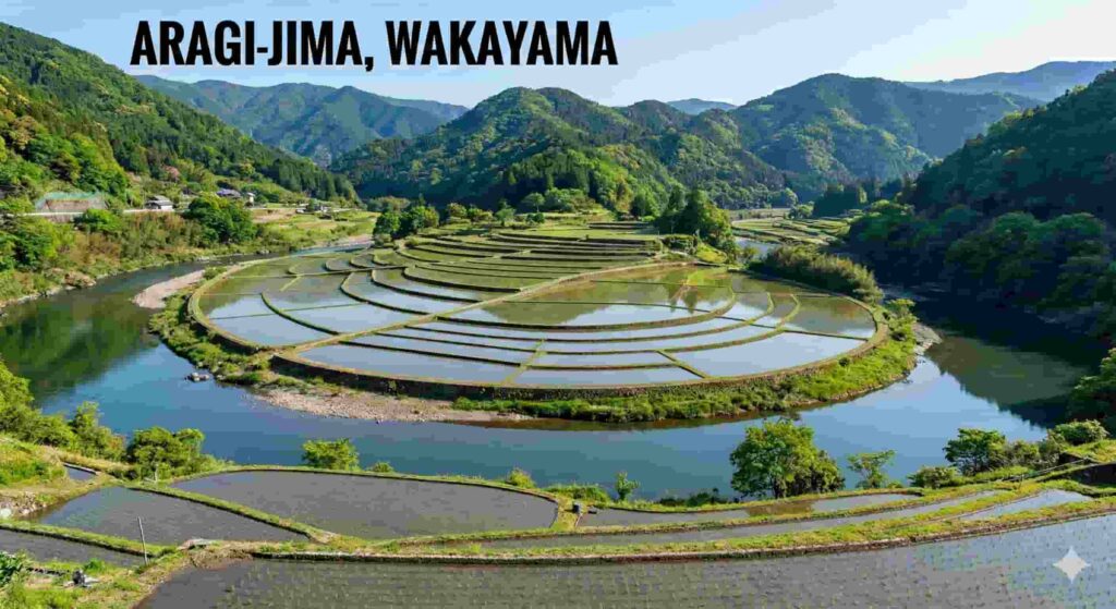 Aragi-jima rice terraces in Wakayama Prefecture, featuring a unique fan-shaped design located on a river terrace surrounded by the meandering Arida River.