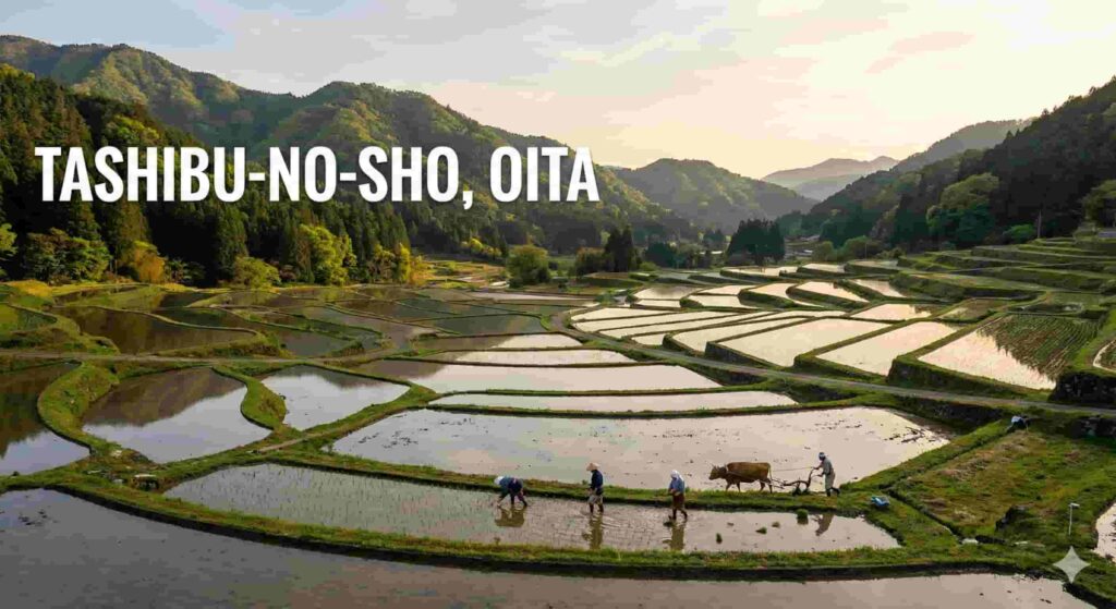 Tashibu-no-sho in Oita Prefecture, a historic rural landscape with irregular rice paddies nestled in a lush green valley, preserving a medieval scenery.