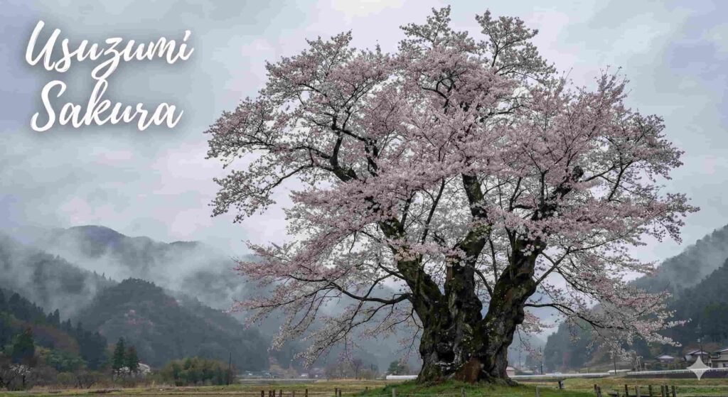The ancient, pale grey Usuzumi Zakura tree standing alone in a park.