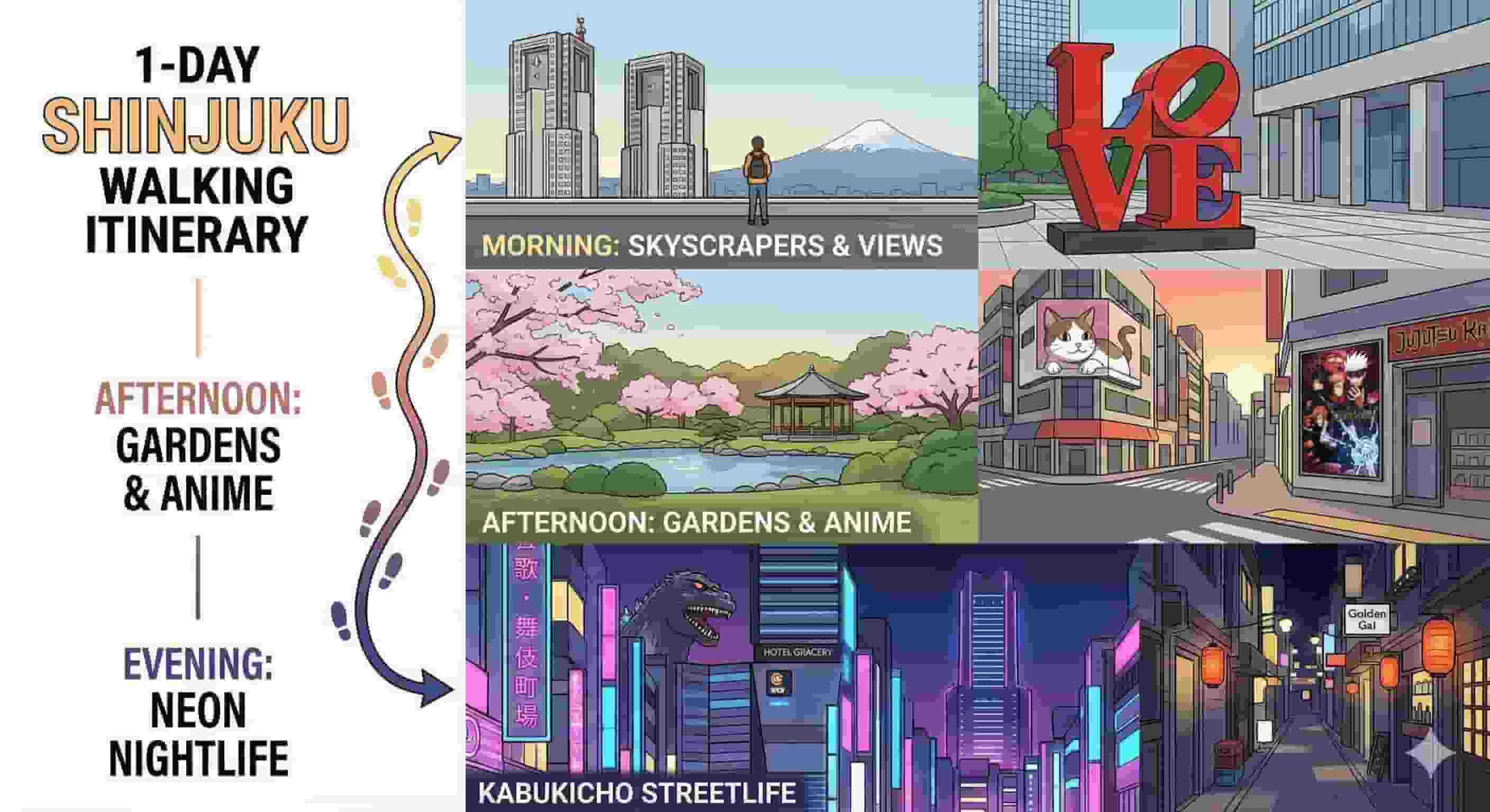 Illustrated infographic map detailing a complete 1-day Shinjuku walking itinerary. The visual guide shows morning stops at skyscrapers for views of Mt. Fuji and the LOVE object, afternoon visits to Shinjuku Gyoen National Garden and anime spots like the 3D Cat and Jujutsu Kaisen advertisements, and evening exploration of Kabukicho neon streets featuring the Godzilla head, Tokyu Kabukicho Tower, and a Golden Gai alleyway.