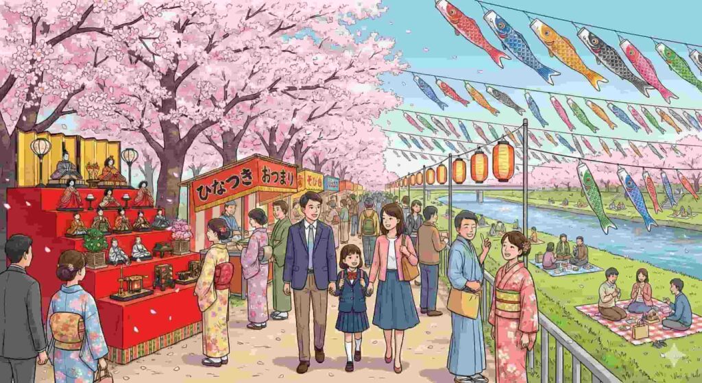A vibrant panoramic illustration depicting Spring in Japan events: a traditional Hina Matsuri doll display on the left, a family walking under pink cherry blossoms (Sakura) in the center, and colorful Koinobori carp streamers flying over a riverbank for Golden Week on the right.