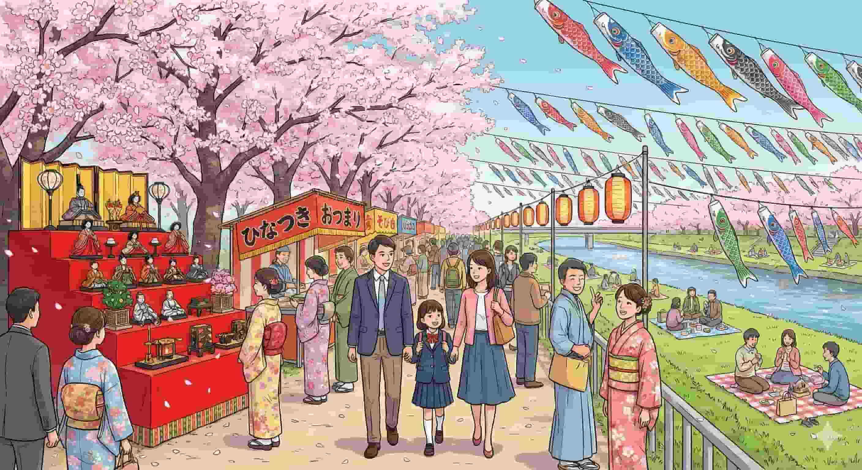 A vibrant panoramic illustration depicting Spring in Japan events: a traditional Hina Matsuri doll display on the left, a family walking under pink cherry blossoms (Sakura) in the center, and colorful Koinobori carp streamers flying over a riverbank for Golden Week on the right.