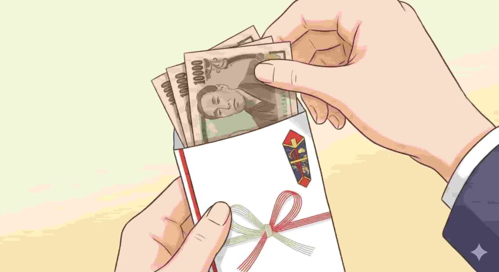 Hands placing crisp Japanese yen banknotes into a traditional decorative Pochi-bukuro envelope for Kokorozuke.