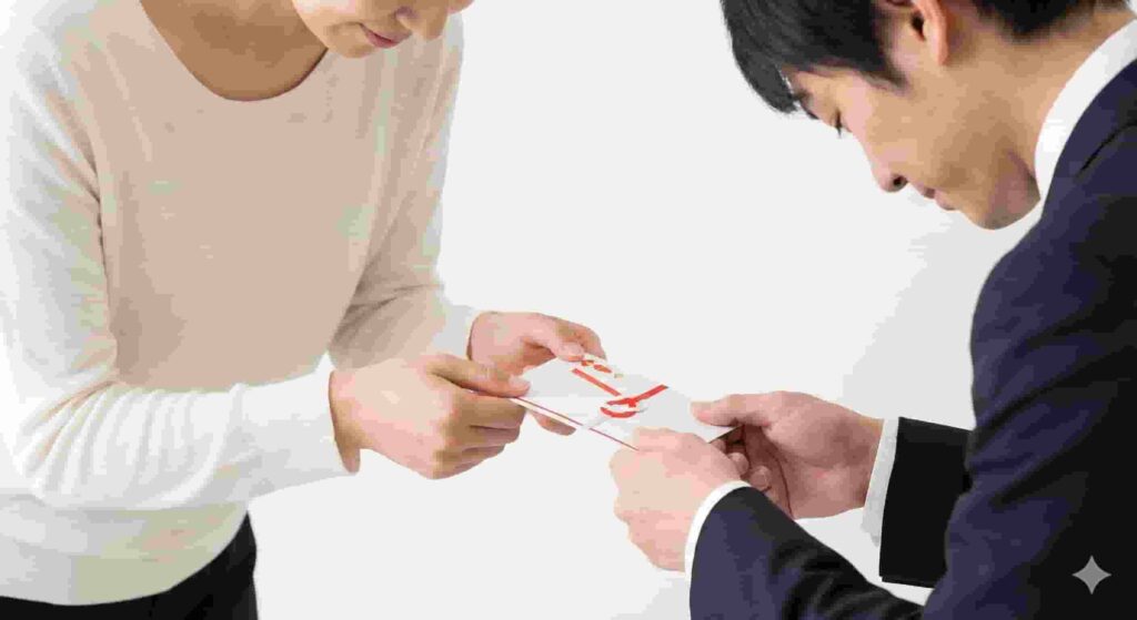 Two people bowing respectfully while exchanging a gift envelope using both hands, demonstrating proper Japanese etiquette.