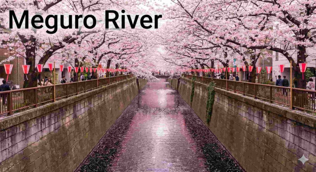 Cherry blossoms arching over the Meguro River illuminated by lanterns at night.