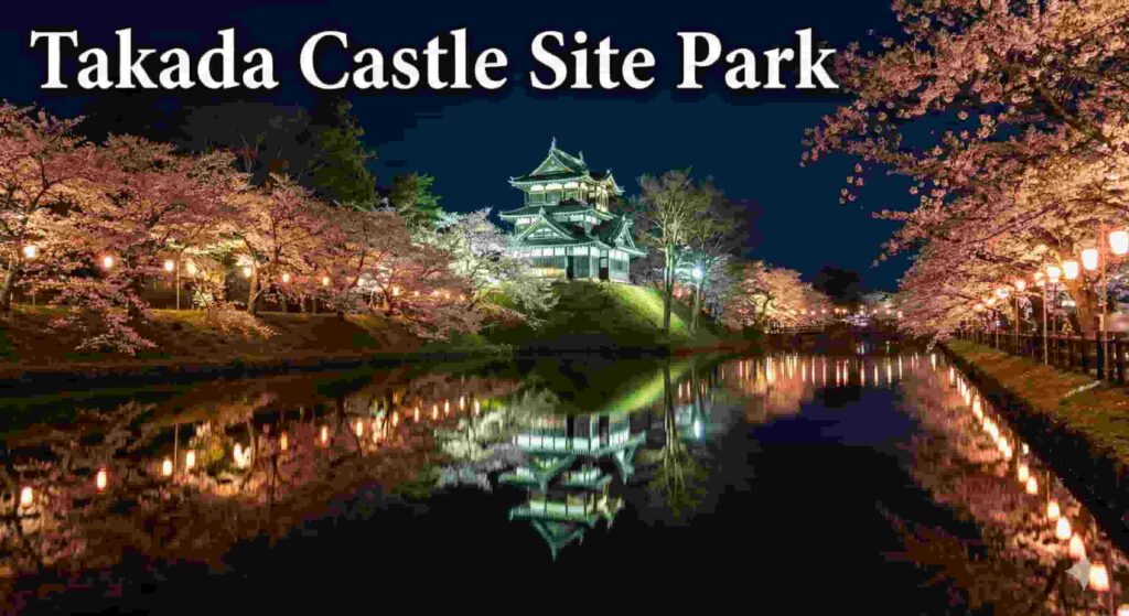 Takada Castle triple turret illuminated at night surrounded by cherry blossoms.