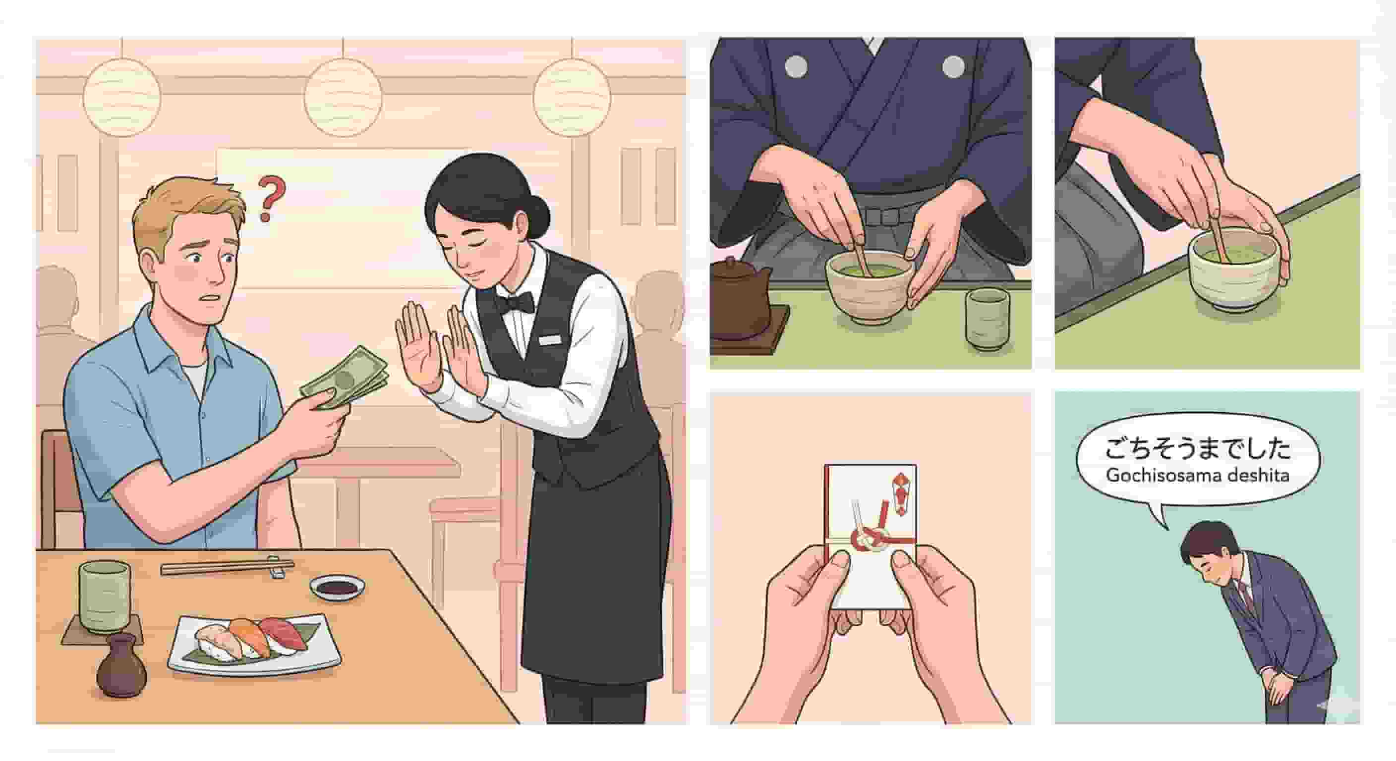 A four-panel illustration explaining Japanese tipping etiquette. The top-left panel shows a confused Western man holding cash while a Japanese waitress bows and politely refuses. The top-right and middle-right panels show close-ups of a person's hands preparing matcha in a traditional tea ceremony. The bottom-left panel shows hands holding a decorative Japanese money envelope called a Pochi-bukuro. The bottom-right panel shows a man in a suit bowing with a speech bubble above him containing the Japanese phrase "ごちそうまでした" and its English pronunciation "Gochisosama deshita".