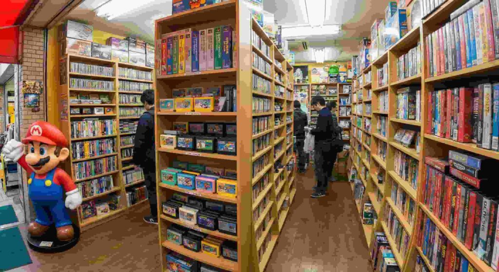 Inside a busy retro game shop in Osaka's Den Den Town, packed from floor to ceiling with shelves of vintage video games, consoles, and a large Mario statue near the entrance.