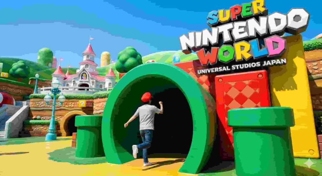 A visitor wearing a red Mario hat running excitedly through the giant green warp pipe entrance into the colorful Super Nintendo World area at Universal Studios Japan.