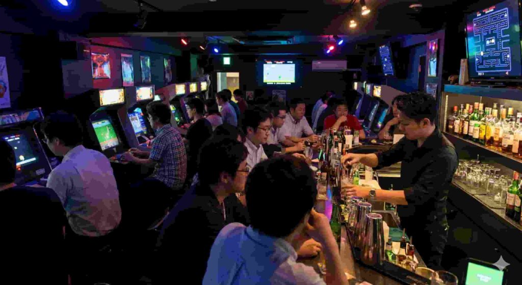 Patrons enjoying drinks and playing vintage arcade cabinets in a dimly lit, crowded gaming bar in Osaka at night with neon lighting.
