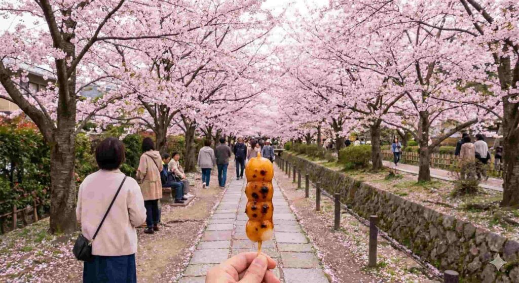 First-person view of holding a skewer of Mitarashi Dango while walking down the cherry blossom-lined Philosopher's Path in Kyoto.