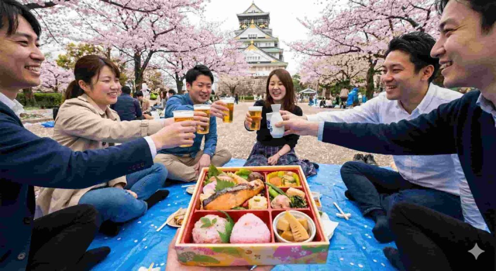 Group of friends enjoying a Hanami picnic with a seasonal bento box and beer in front of Osaka Castle.