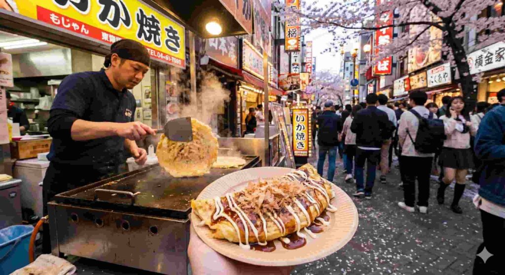 Osaka street food vendor cooking Okonomiyaki and Ikayaki on a hot plate during spring cherry blossom season.