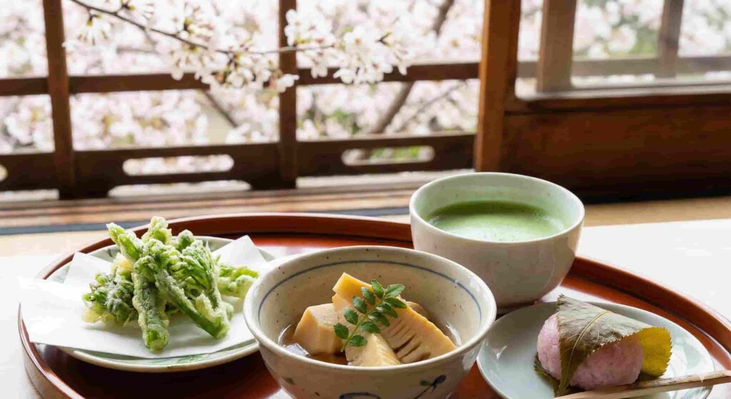 Traditional Kyoto spring cuisine featuring Takenoko bamboo shoots, Sansai tempura, and Kansai-style sakura mochi with a view of cherry blossoms.