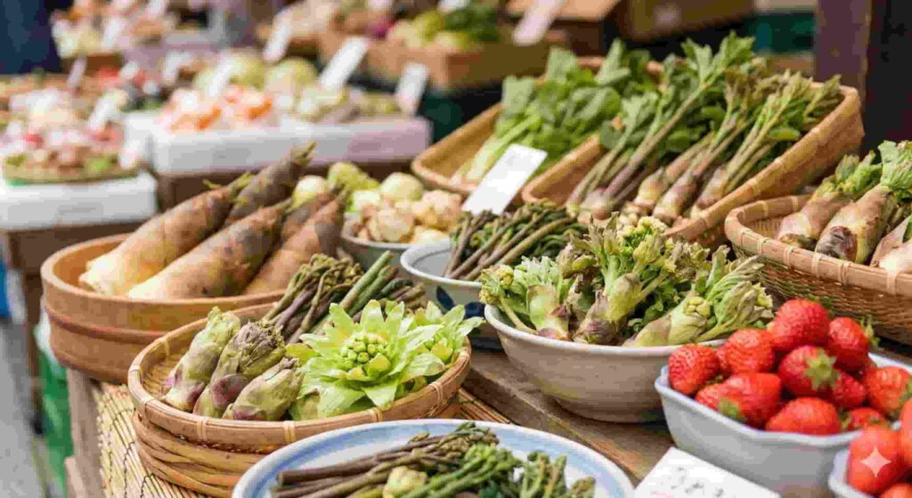Fresh Tokyo spring food ingredients including takenoko bamboo shoots, fukinoto, and strawberries at a traditional market.