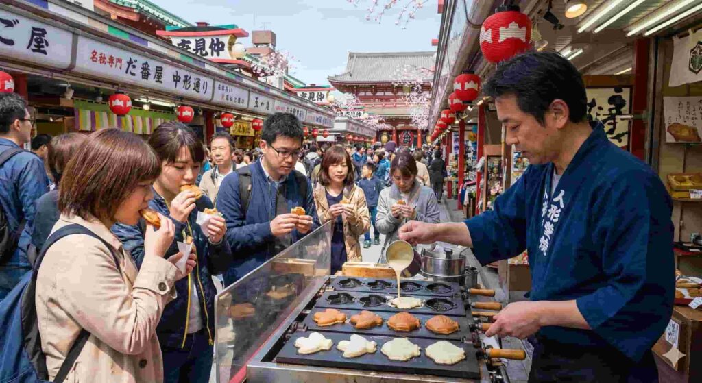 A vendor making fresh ningyo-yaki cakes on Nakamise Dori in Asakusa, a popular spot for Tokyo street food.