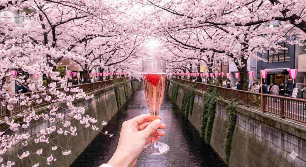 A hand holding a glass of pink strawberry champagne by the cherry blossom-lined canal in Nakameguro, Tokyo.