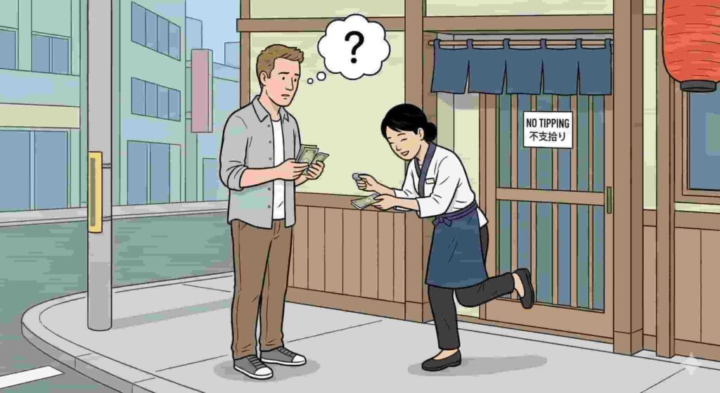 A confused Western male tourist holding cash on a Japanese street is approached by a smiling female restaurant staff member in an apron, who is politely returning his money. A sign on the restaurant door behind them reads "NO TIPPING" in both English and Japanese characters.