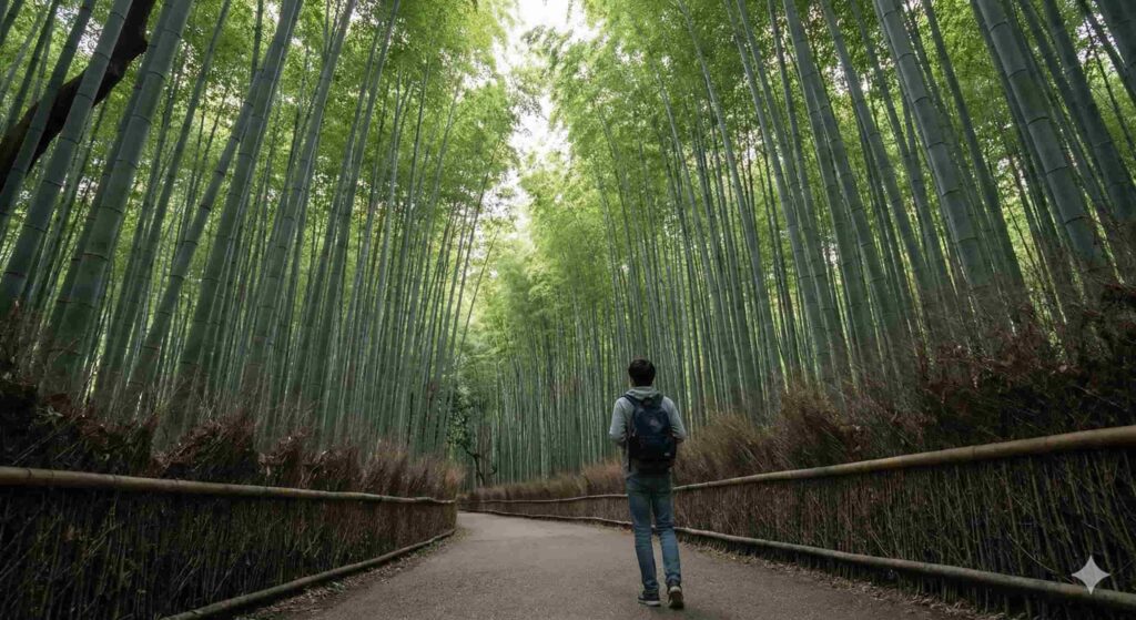 Arashiyama Bamboo Grove path looking up at towering green bamboo stalks in Kyoto