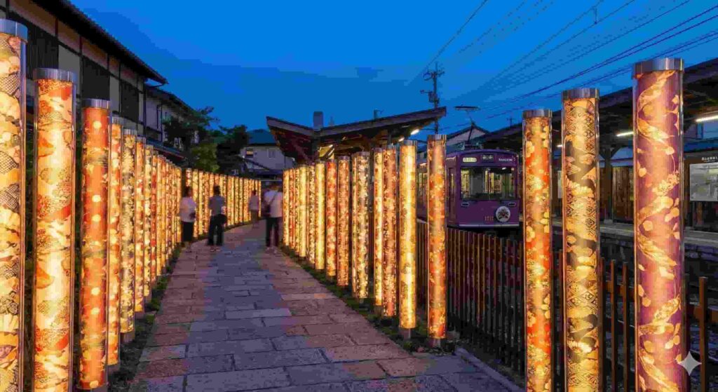 Illuminated Kimono Forest pillars at Randen Arashiyama Station at night with purple tram