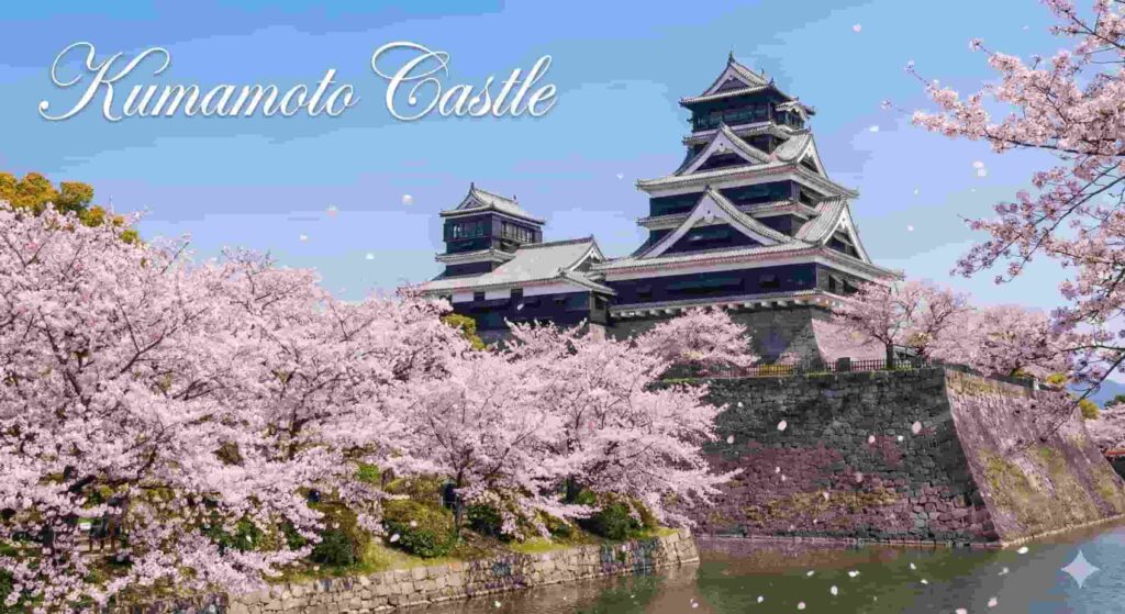 The reconstructed main keep of Kumamoto Castle rising above black stone walls and sakura.