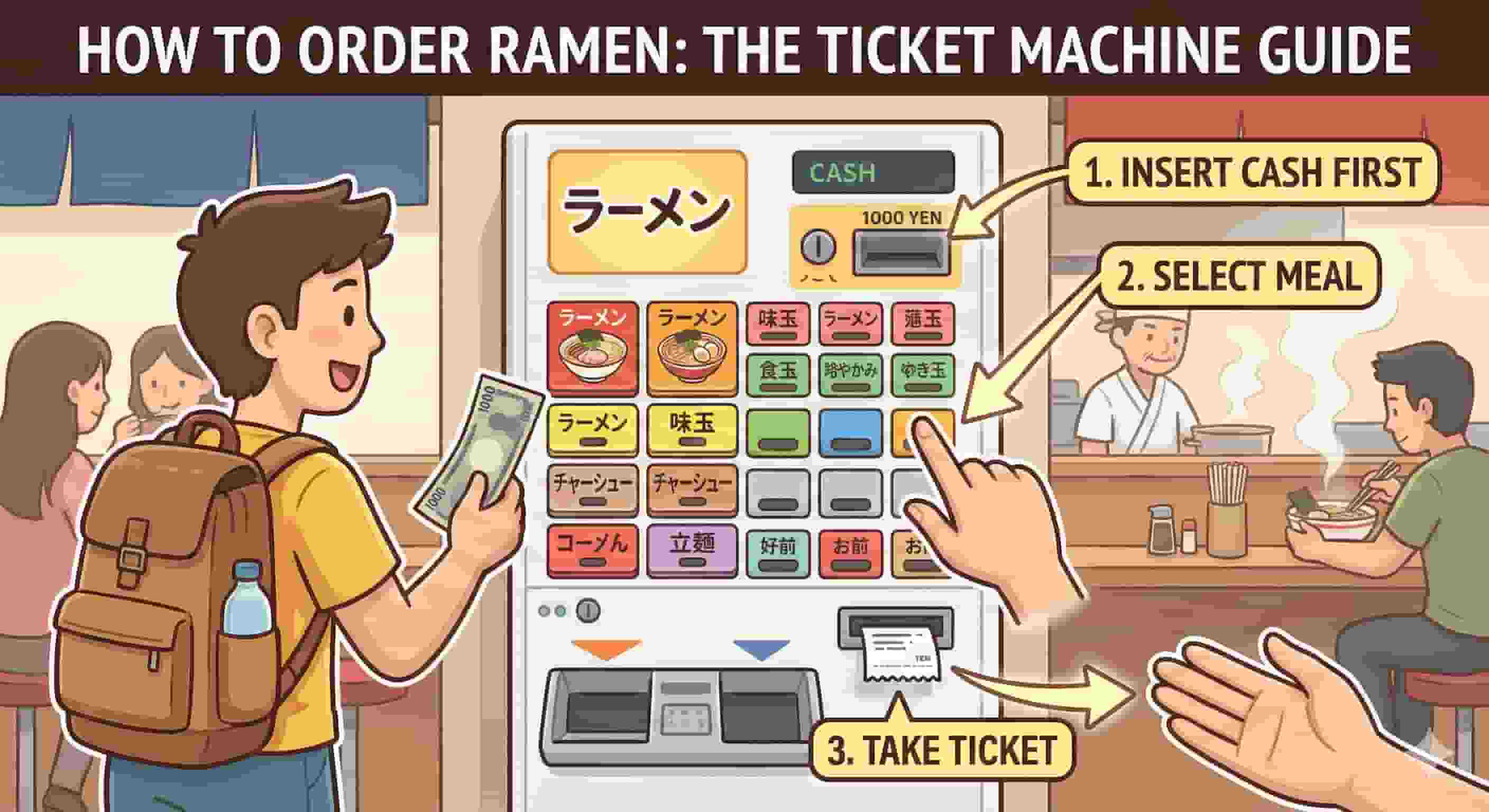 Infographic illustration titled 'HOW TO ORDER RAMEN: THE TICKET MACHINE GUIDE', showing a tourist character following three numbered steps: inserting a 1000 yen note into the cash slot, pressing a button for ramen on the ticket machine interface, and collecting the dispensed meal ticket.