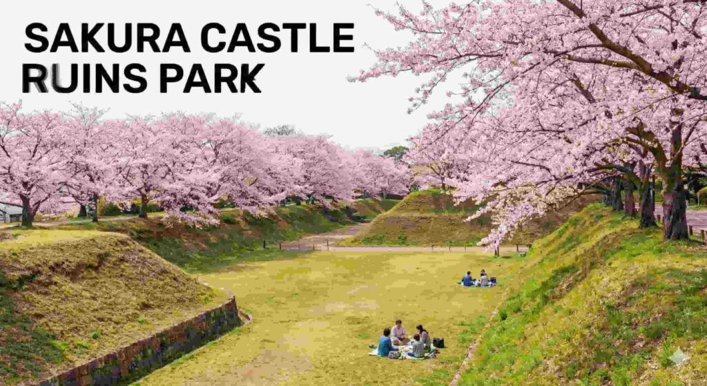 People enjoying a picnic on the grass under rows of cherry trees blooming over the dry moat and earthworks at Sakura Castle Ruins Park. The text "SAKURA CASTLE RUINS PARK" is displayed in the top left corner.