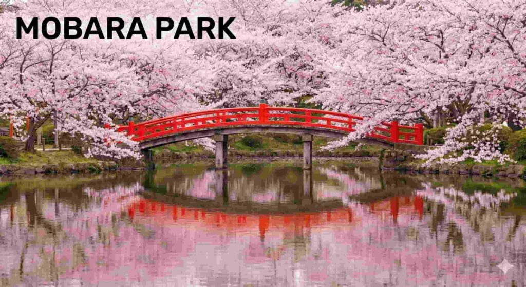 A bright red bridge crossing Benten Lake at Mobara Park, with full-bloom cherry blossoms reflecting on the water surface. The text "MOBARA PARK" is displayed in the top left corner.