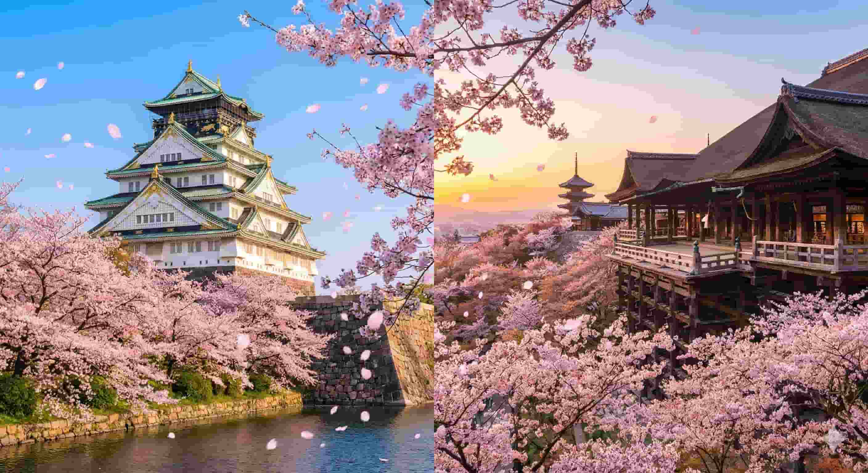Split image showing Osaka Castle on the left and Kiyomizu-dera in Kyoto on the right, both surrounded by pink cherry blossoms with petals falling during spring.