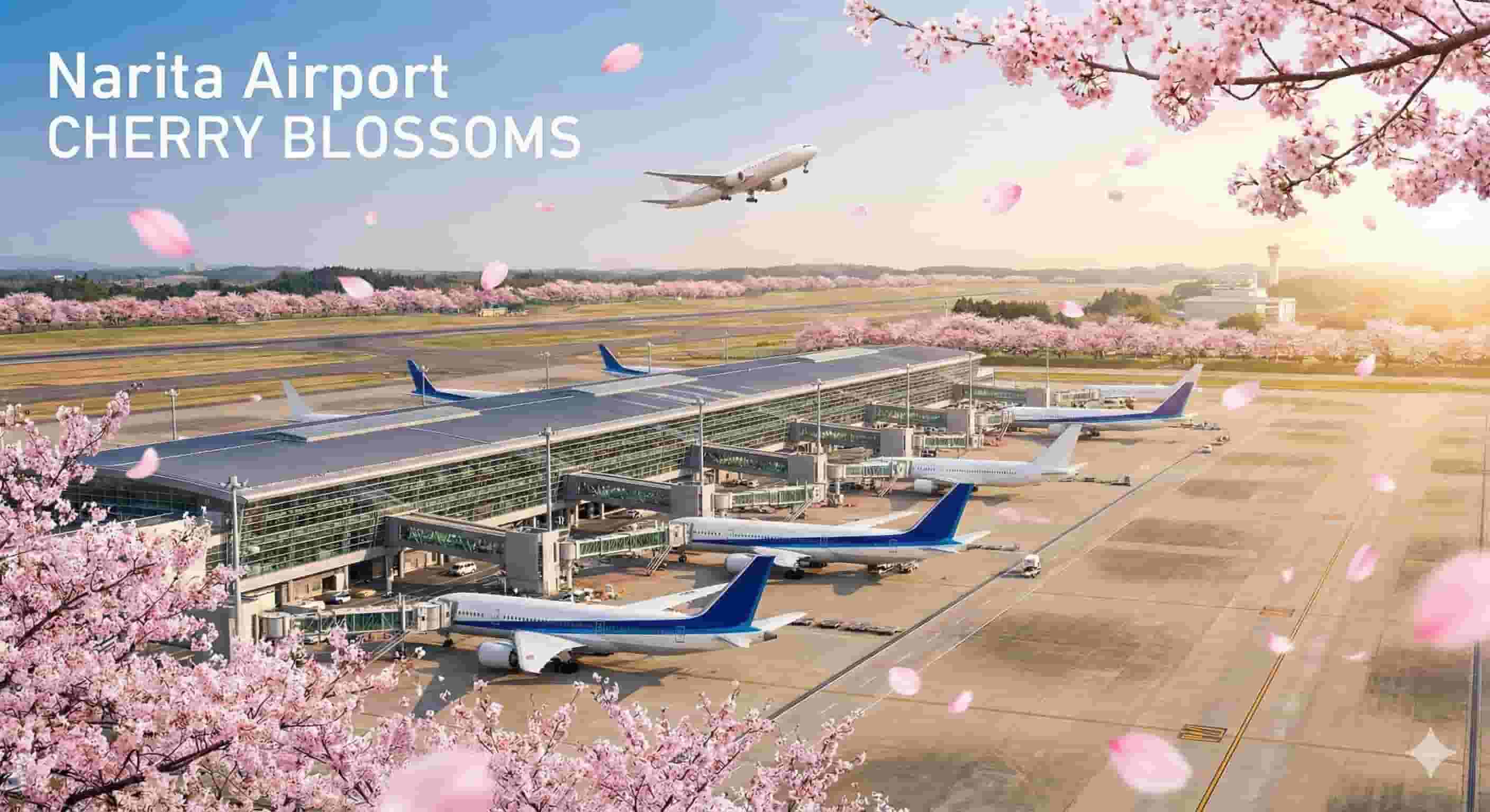 Aerial view of Narita Airport terminal during spring, featuring numerous parked aircraft and one plane taking off, surrounded by blooming pink cherry blossom trees and floating petals under a sunny sky. The text "Narita Airport CHERRY BLOSSOMS" is in the top left corner.
