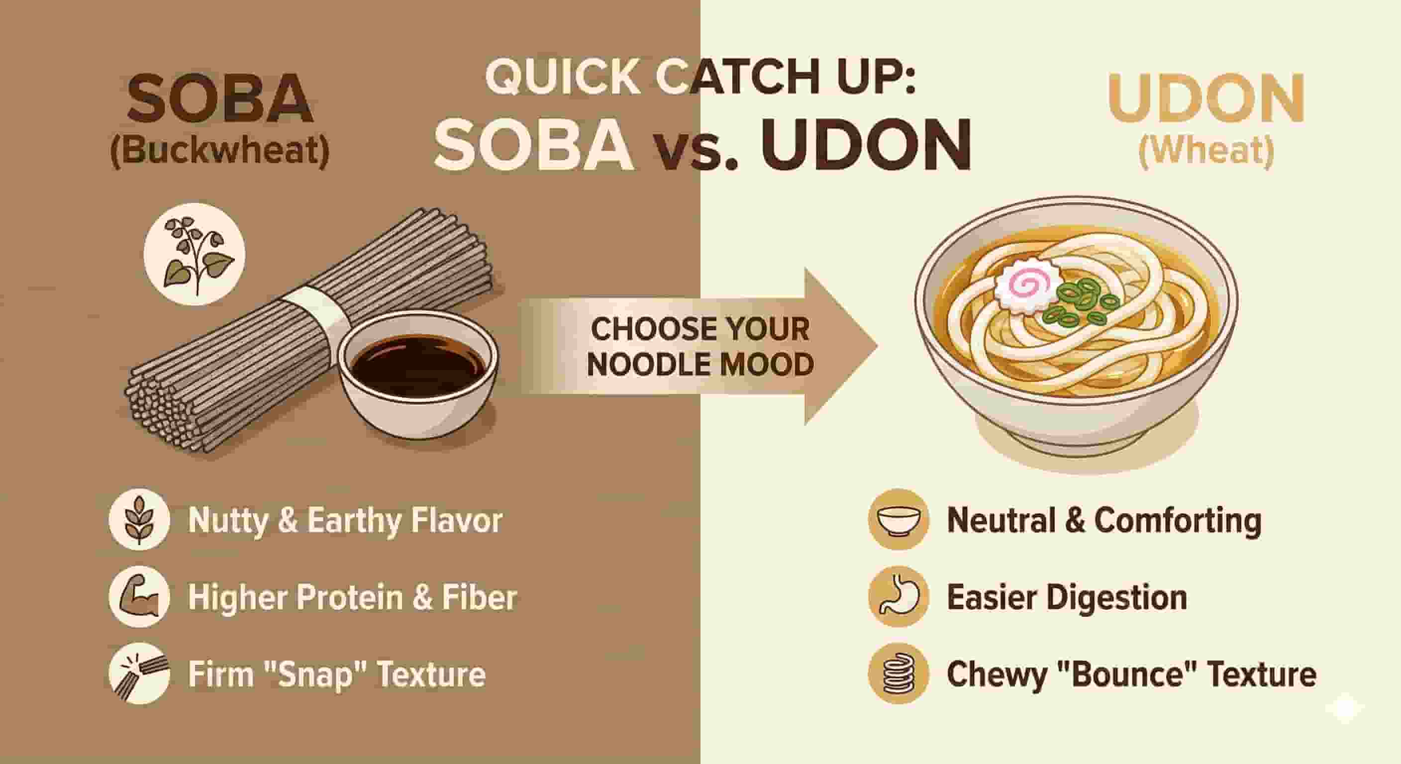 Infographic titled 'Quick Catch Up: Soba vs. Udon' illustrating key differences. Left side shows Soba (buckwheat) with nutty flavor, high protein, and firm texture. Right side shows Udon (wheat) with neutral flavor, easy digestion, and chewy texture.