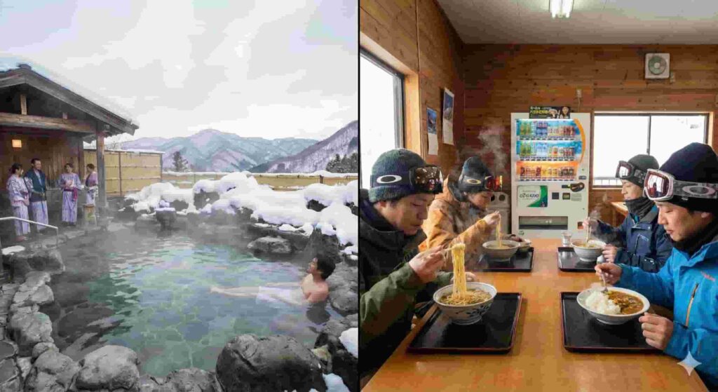 A split-view photograph demonstrating Japanese ski culture. The left side shows a steamy outdoor onsen (hot spring) surrounded by snow and mountains, with people relaxing. The right side shows skiers in a wooden lodge eating bowls of ramen and curry rice at a table next to a vending machine.