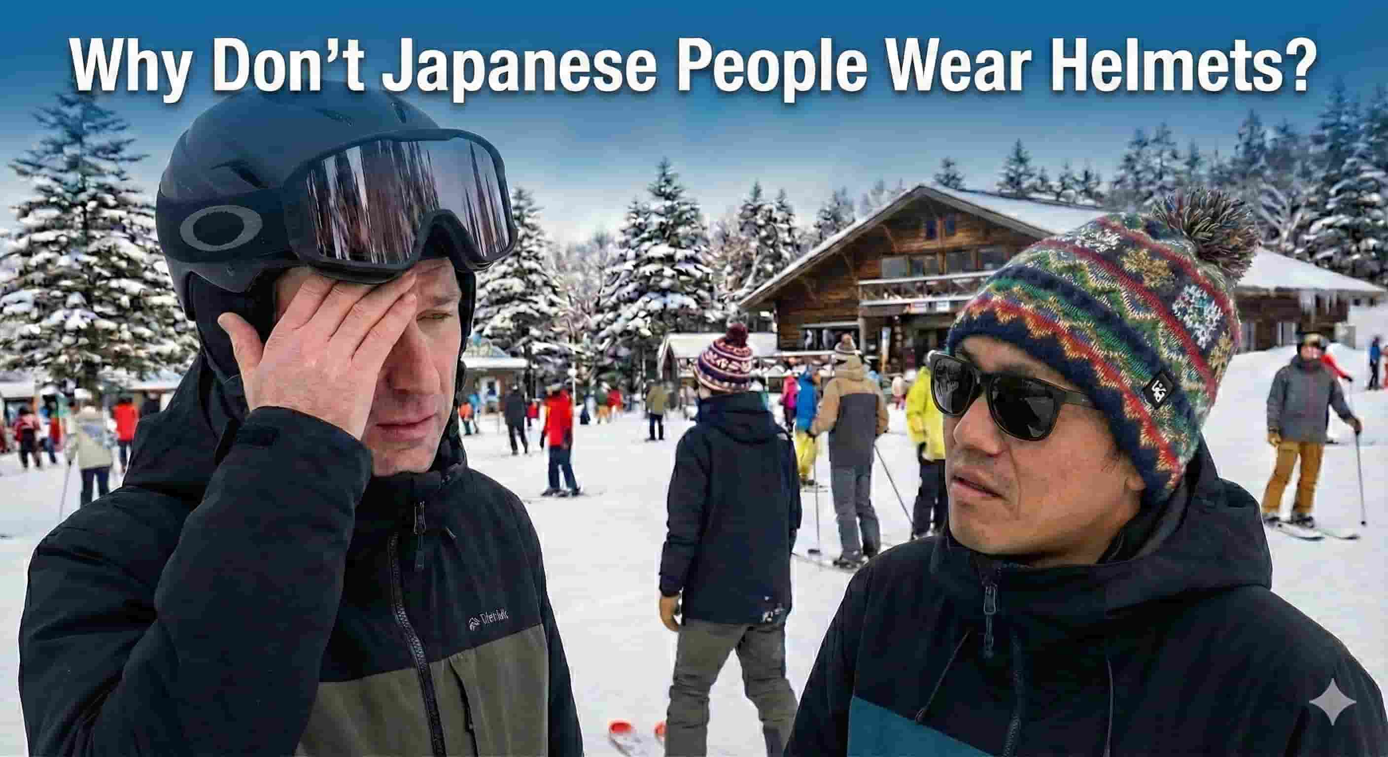 Western skier wearing a safety helmet looks distressed and confused while talking to a Japanese skier wearing a knit beanie, illustrating the cultural difference in helmet usage in Japan.