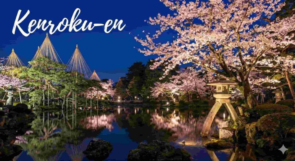Iconic stone lantern and pine trees framed by cherry blossoms in Kenrokuen Garden.