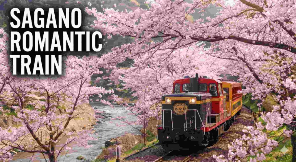 The retro-styled red and yellow Sagano Romantic Train traveling through a scenic valley surrounded by full-bloom cherry blossoms, with the text "SAGANO ROMANTIC TRAIN" in the top left.