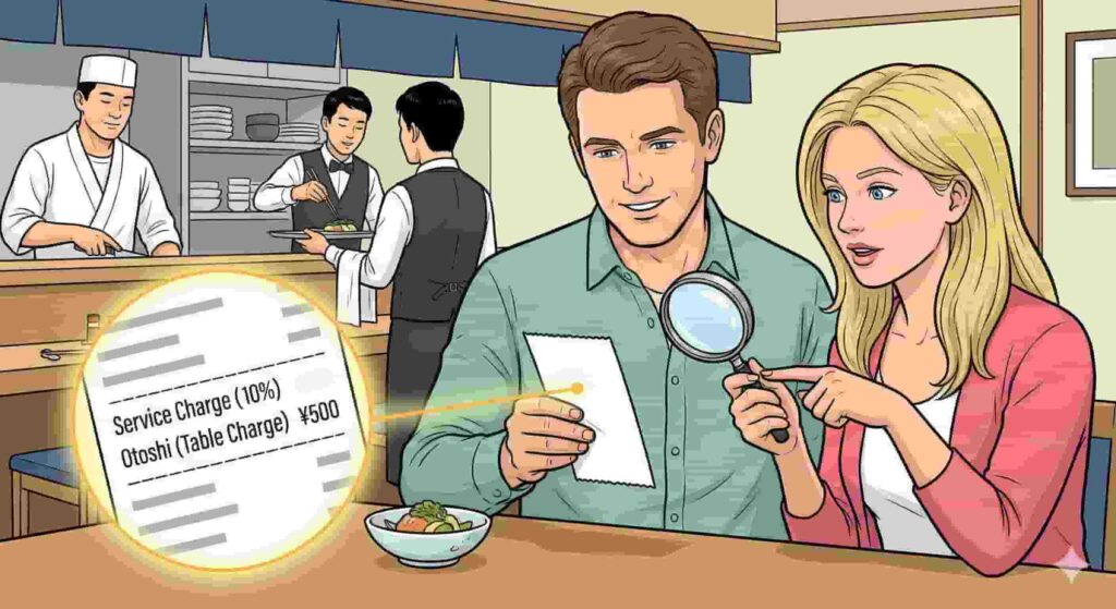 An illustration of a couple in a Japanese restaurant using a magnifying glass to examine their bill. A glowing spotlight highlights two line items on the receipt: "Service Charge (10%)" and "Otoshi (Table Charge) ¥500". The man and woman look at each other with expressions of realization. A small, uneaten appetizer is on the table.