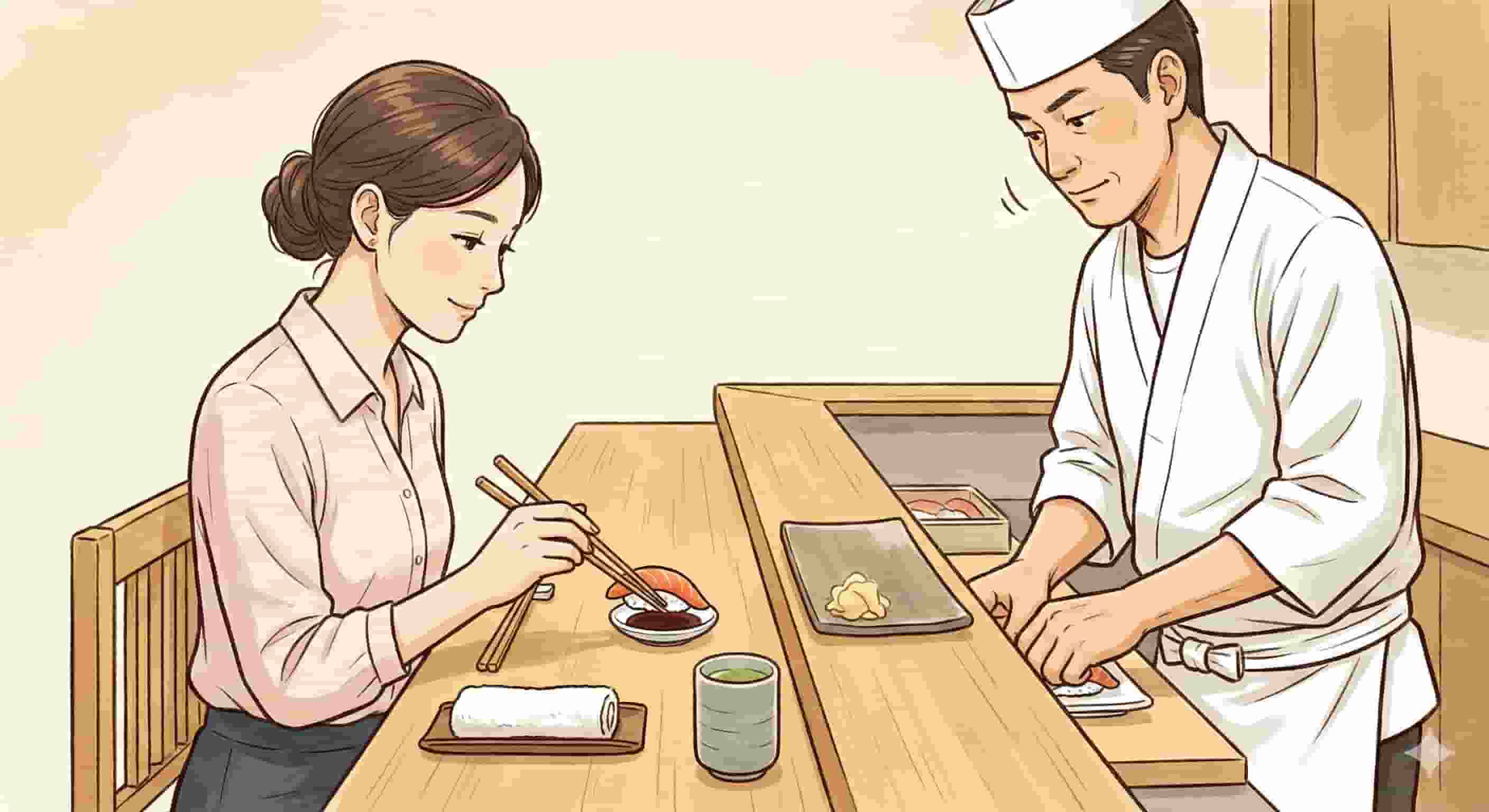 An illustration showing proper sushi etiquette: a woman dips nigiri sushi fish-side down into soy sauce using chopsticks at a traditional wooden counter, while the sushi chef looks on approvingly.