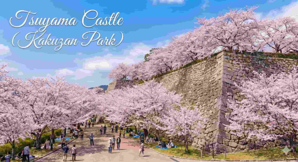 Stone castle walls of Tsuyama Castle covered in a dense canopy of cherry blossoms.