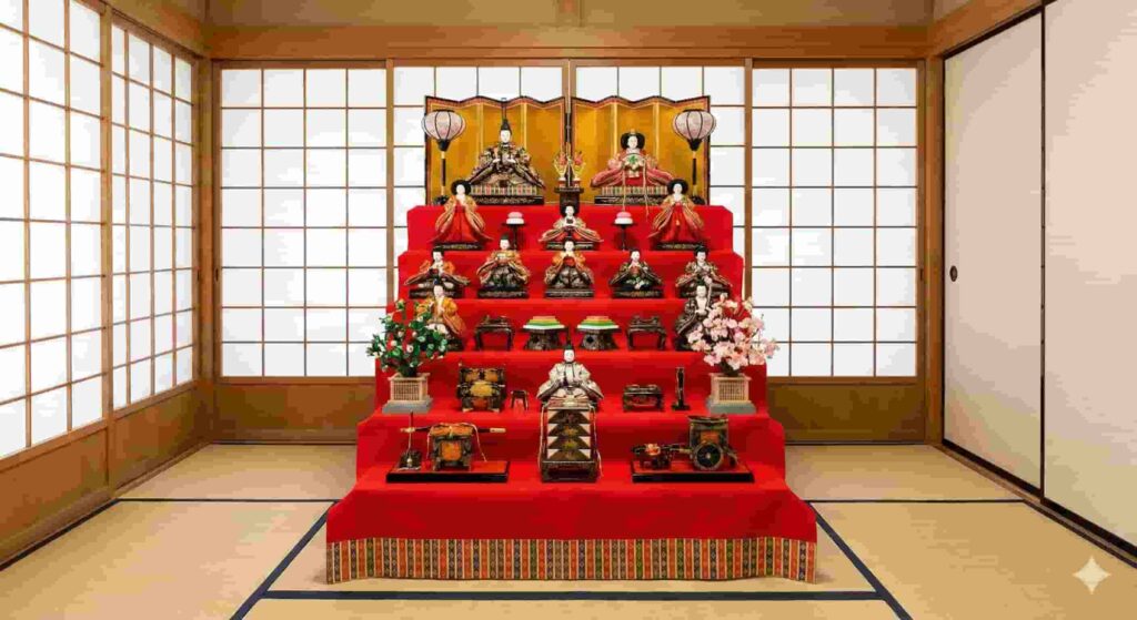 Traditional Hina Matsuri doll display on a seven-tiered red stand in a Japanese tatami room with shoji screens.