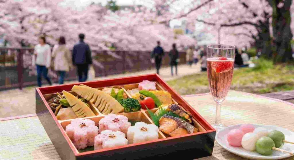 A luxurious Hanami bento box filled with seasonal Japanese ingredients like takenoko (bamboo shoots) and sakura-shaped rice, set against a background of blooming cherry blossoms and a glass of pink champagne, representing the ultimate Tokyo spring food experience.