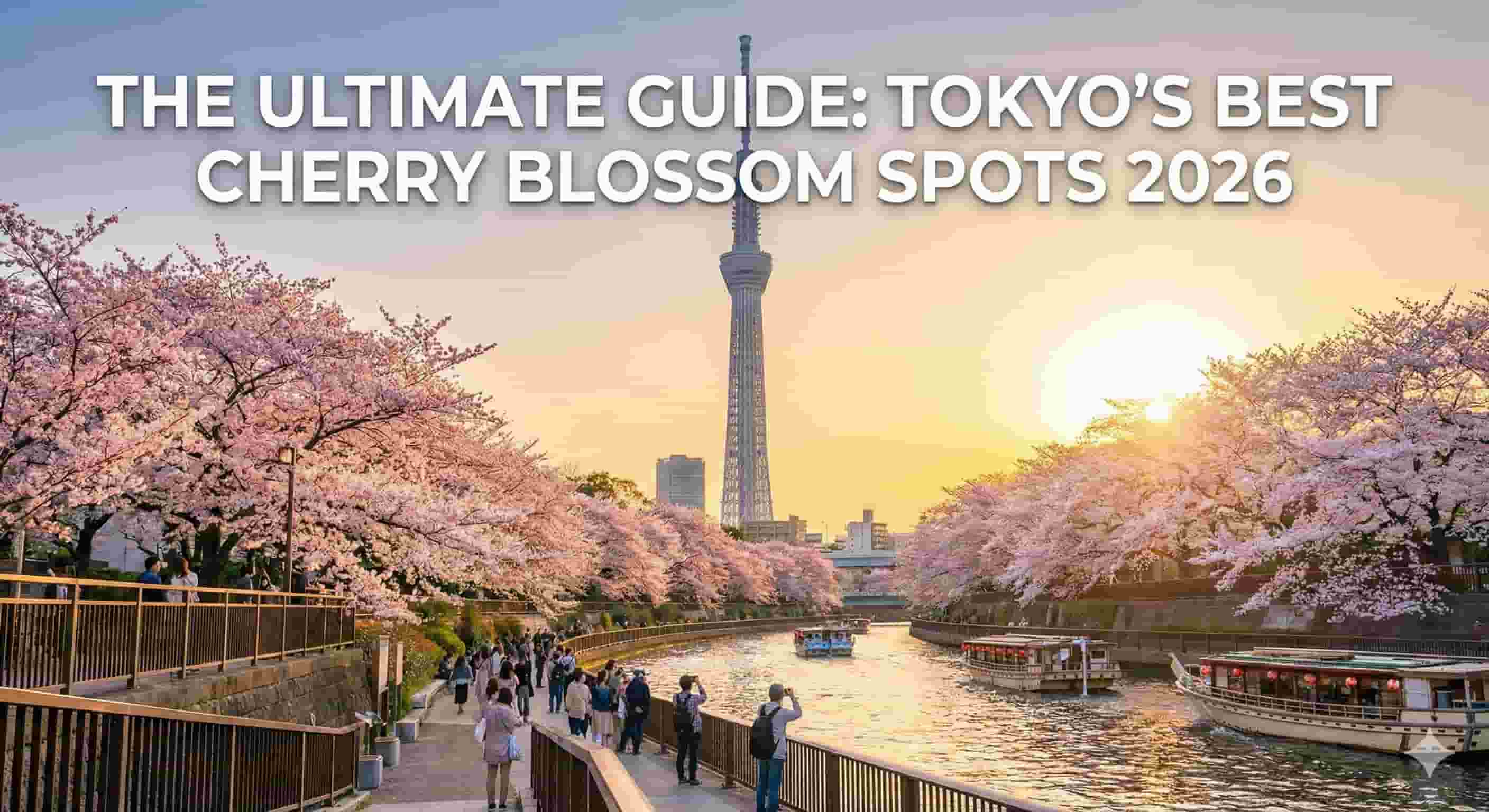 Tokyo Skytree and Sumida River cherry blossoms at sunset with boats and people, featuring the title text overlay: "THE ULTIMATE GUIDE: TOKYO'S BEST CHERRY BLOSSOM SPOTS 2026".