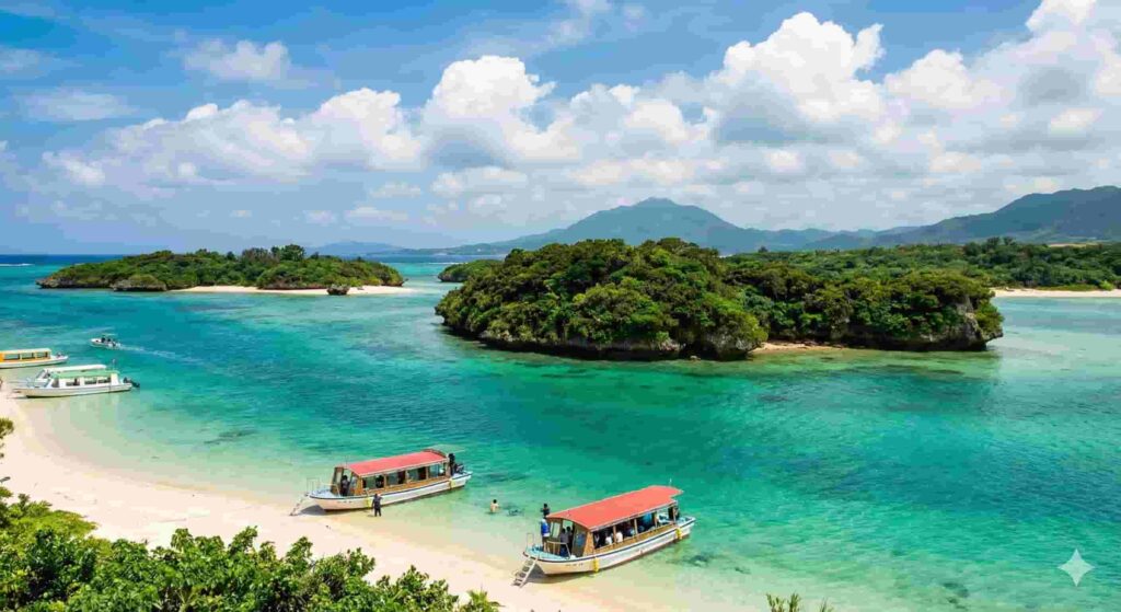 A scenic bay with brilliant emerald-green water dotted with small, rock islands covered in dense vegetation. In the foreground, two tour boats with red roofs are beached on the white sand, and mountains are visible in the distance under a blue sky.