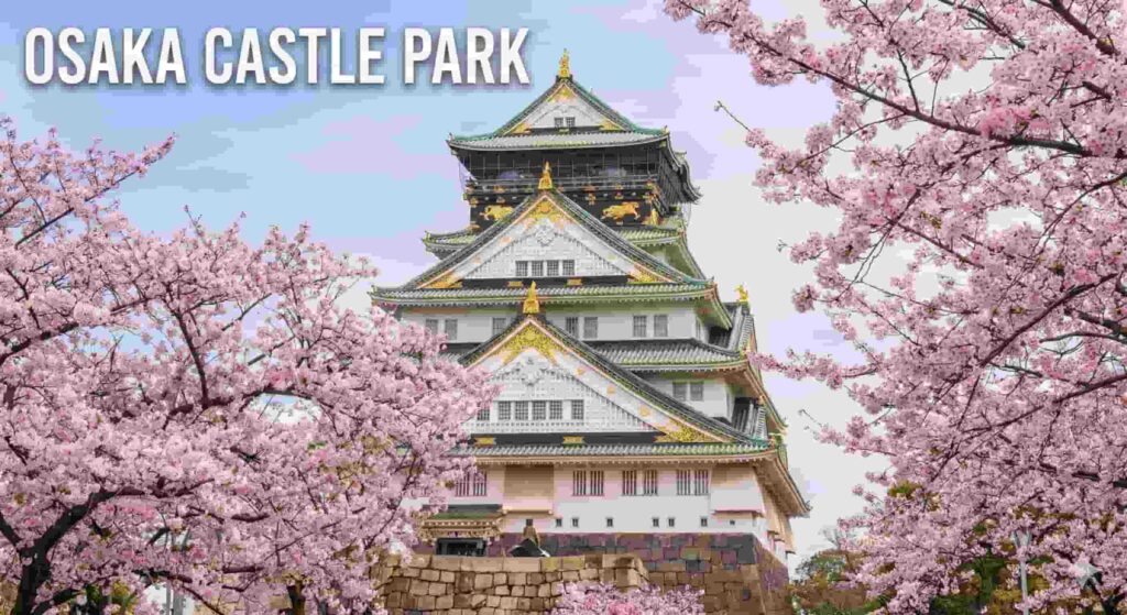 The majestic Osaka Castle keep framed by branches of full-bloom cherry blossoms, showcasing the white and green castle architecture against pink flowers, with the text "OSAKA CASTLE PARK" in the top left.