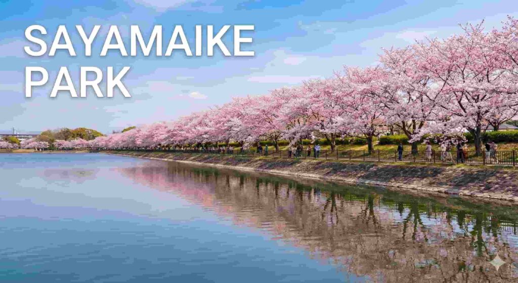 A long, curved promenade lined with early-blooming cherry trees at Sayamaike Park, stretching along the water's edge under a clear sky, with the text "SAYAMAIKE PARK" in the top left.
